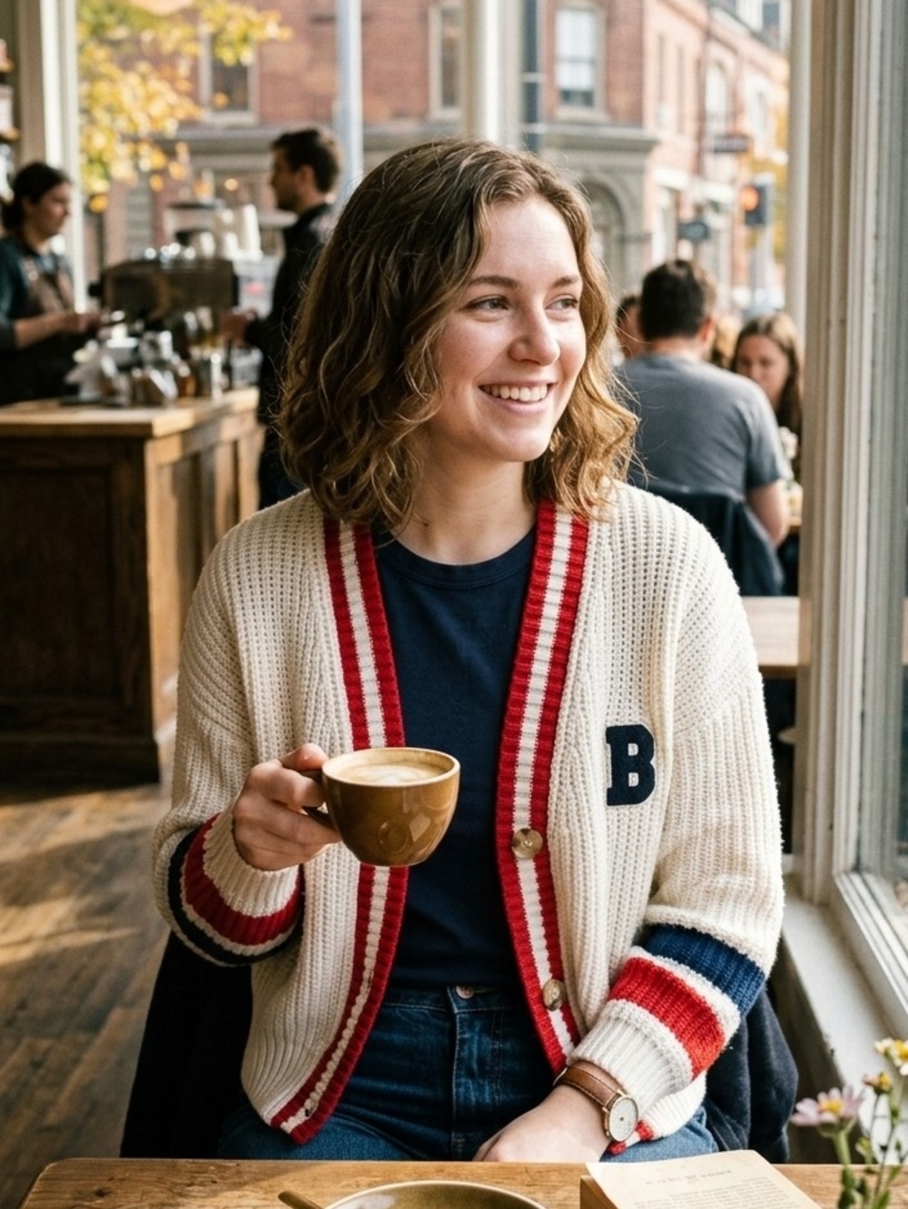 Love Tree Cream Cardigan with Red & Navy Stripes